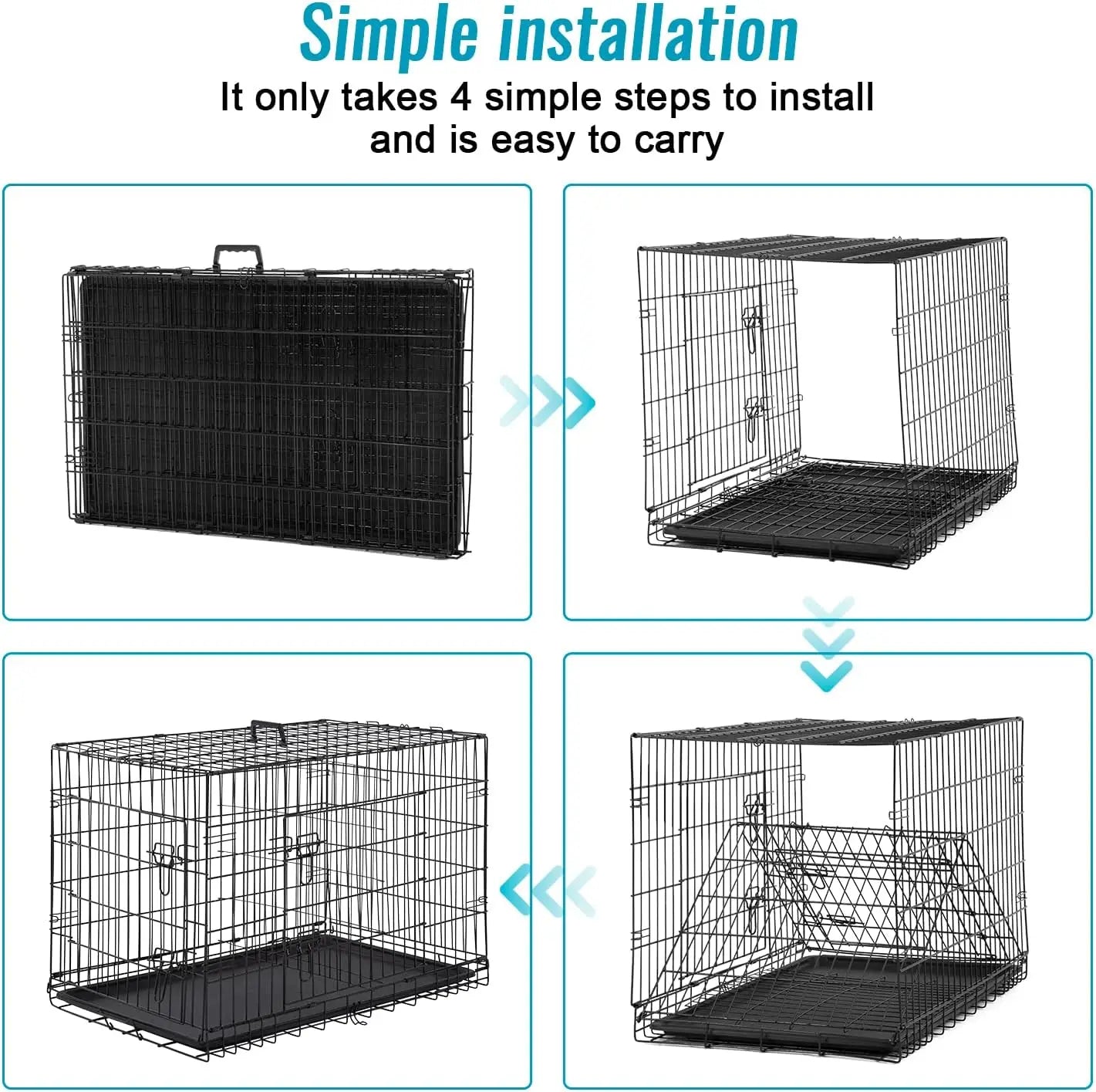 Folding Metal Dog Crate With Double Door And Leak Proof Tray