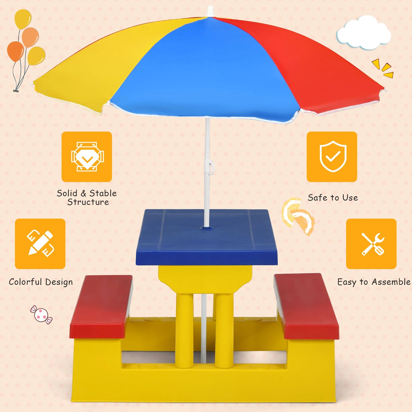 HOMASIS Kids Picnic Table Set With Removable Umbrella For Indoor Outdoor Play