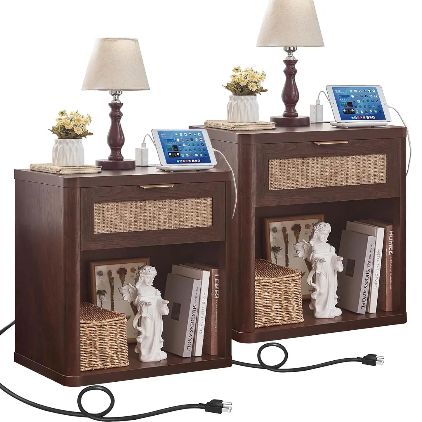 Rattan Nightstands Set of 2 with Charging Station, 23" Wide Boho Night Stand with Drawer, Natural Wood Bedside, Customized