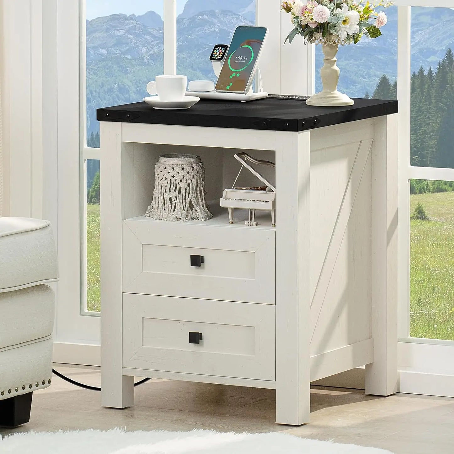 Farmhouse Nightstand With USB Charging Station Two-Drawer Open Shelf