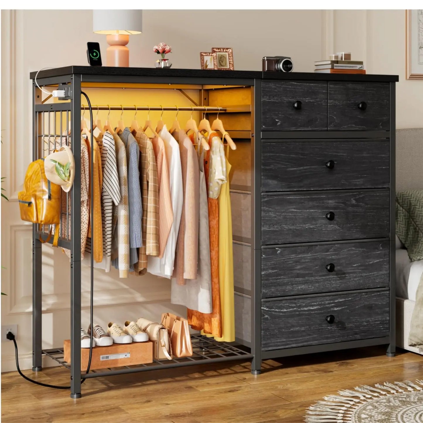 Modern Dresser With Hanging Rack And LED Lights Charging Station