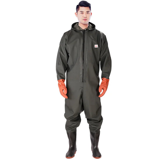 Mens Waterproof Wader Set With Hooded Overalls Boots And Gloves
