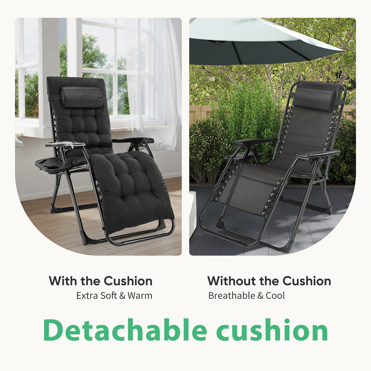 JHK Zero Gravity Recliner Lounge Chair Folding Portable With Cup Holder Trays