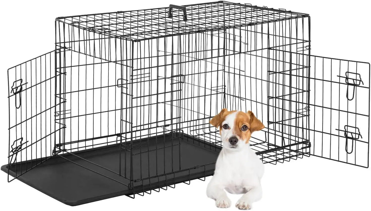 Folding Metal Dog Crate With Double Door And Leak Proof Tray