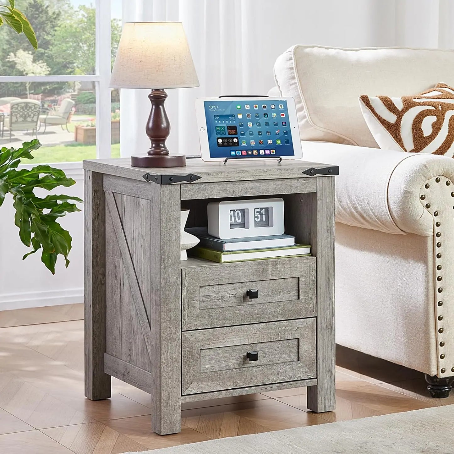 Farmhouse Nightstand With USB Charging Station Two-Drawer Open Shelf