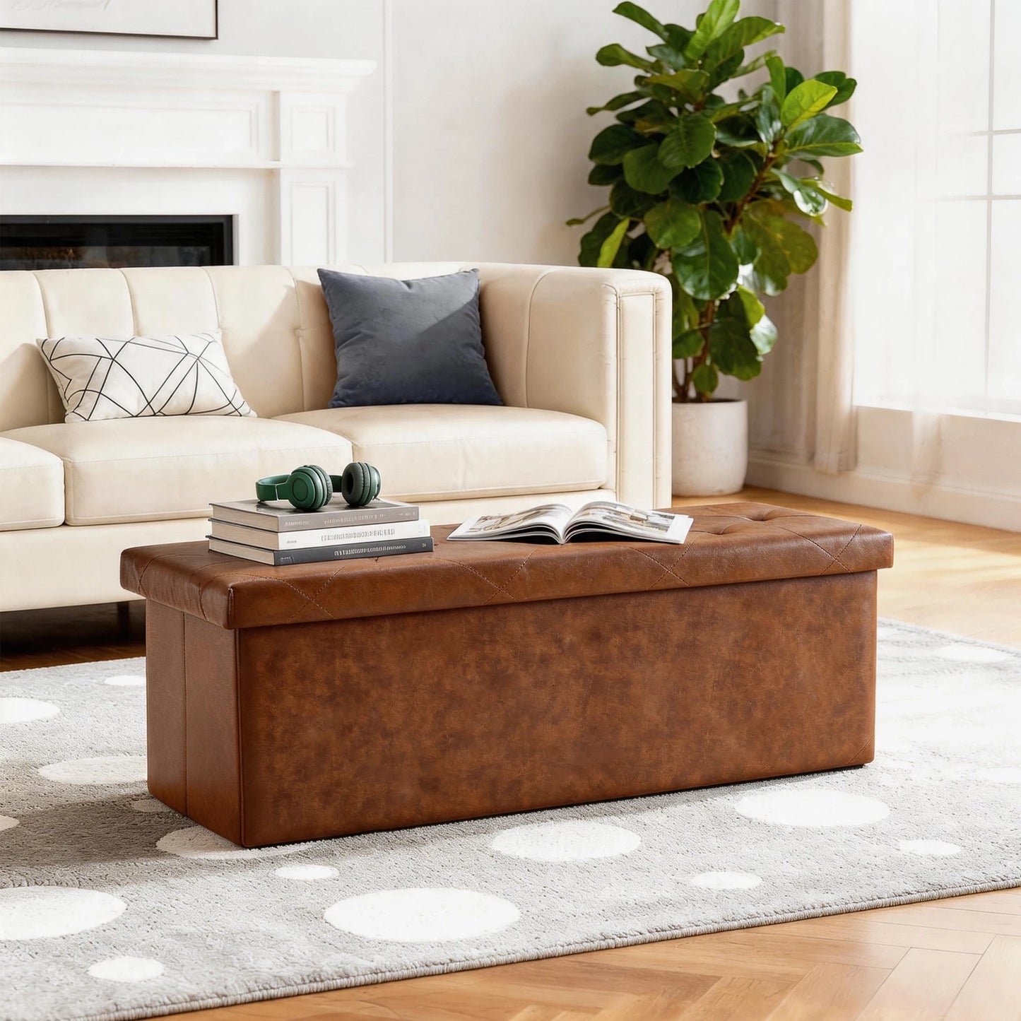 Faux Leather Storage Bench Tufted With Folding Lid 400Lb Capacity