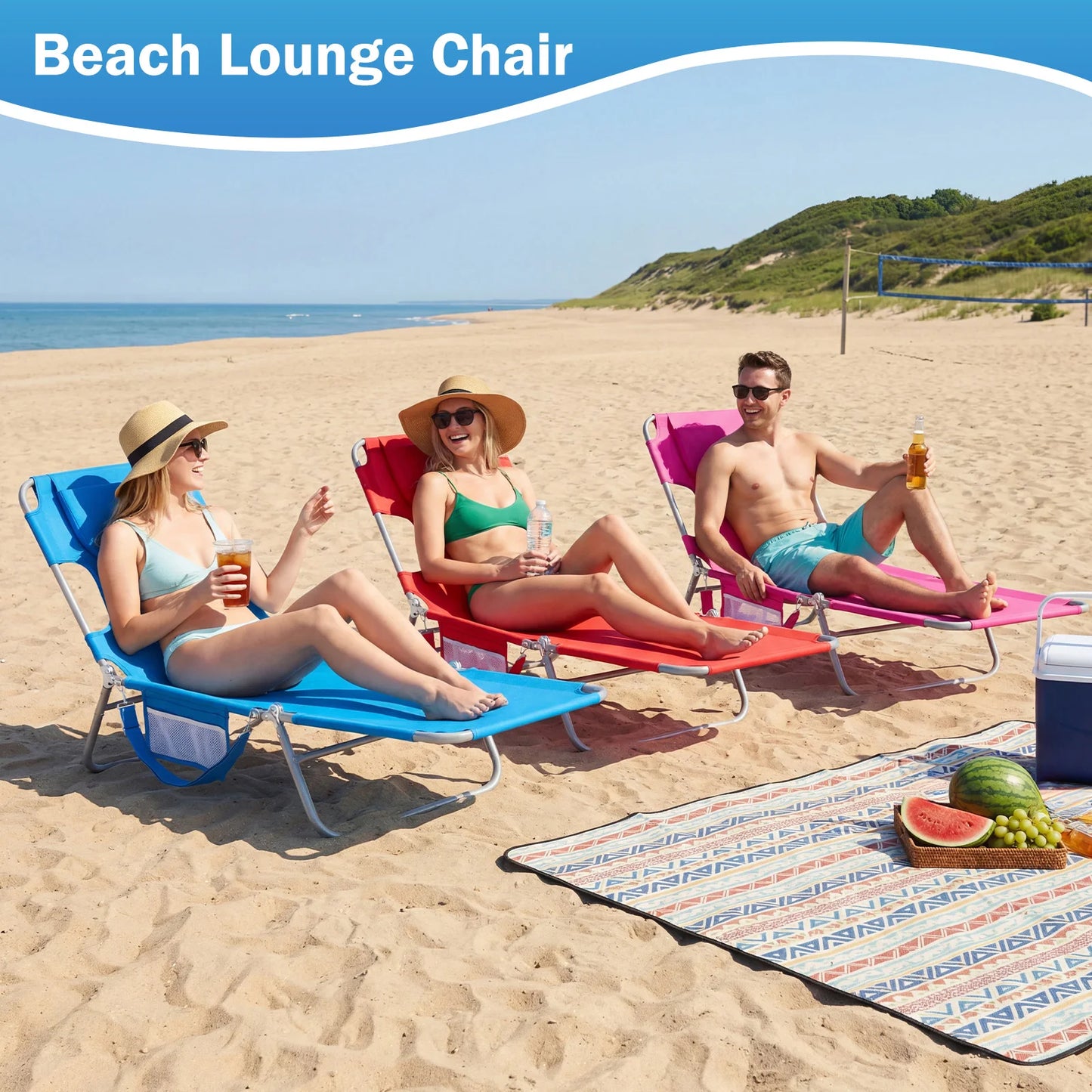 JHK 5-Position Adjustable Recline Beach Lounge Chair With Face Arm Holes