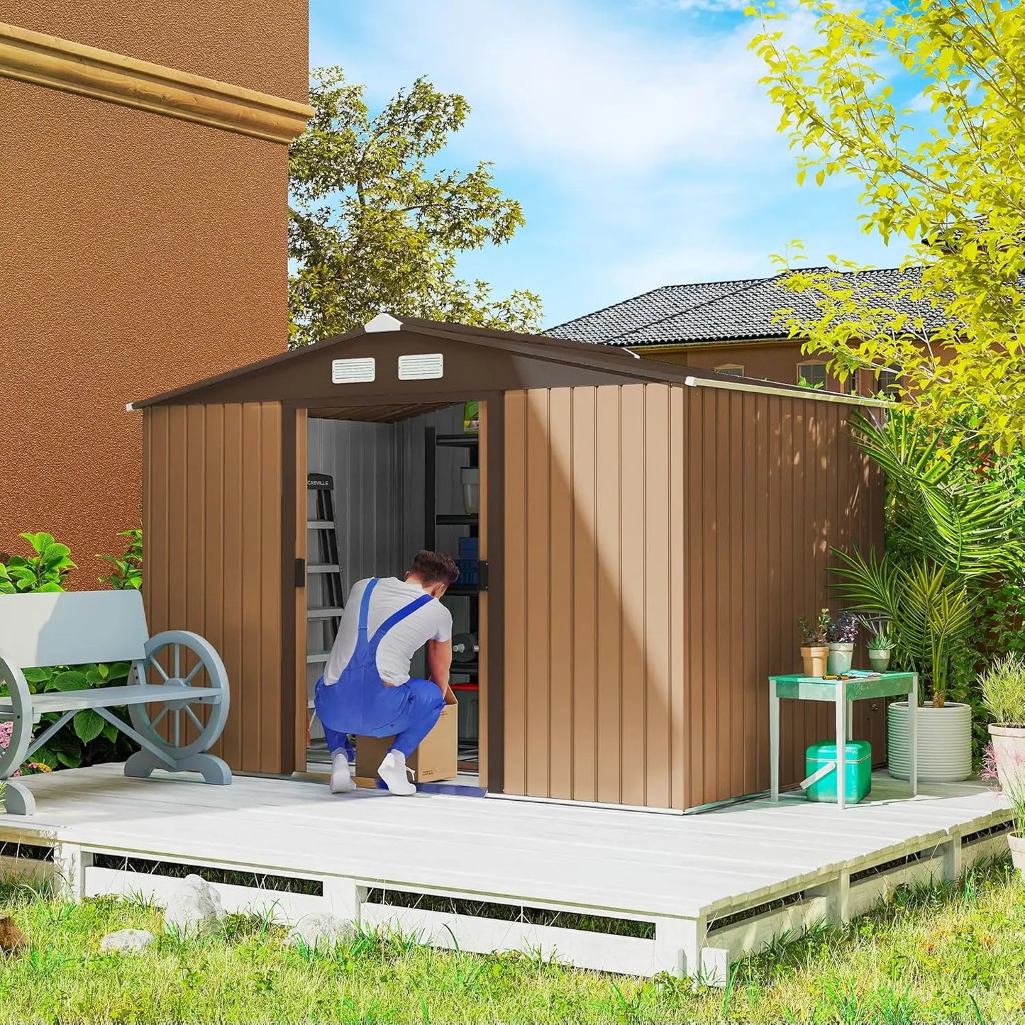 Metal Outdoor Storage Shed With Double Doors And Sloped Roof