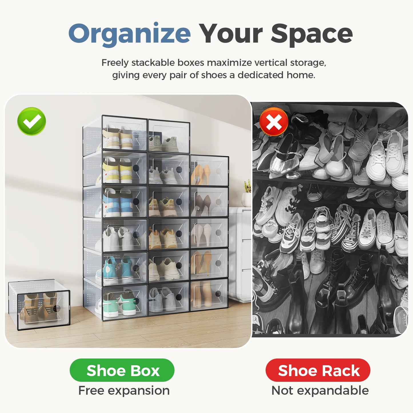 JHK 12 15 Pack Plastic Stackable Shoe Organizer With Lids