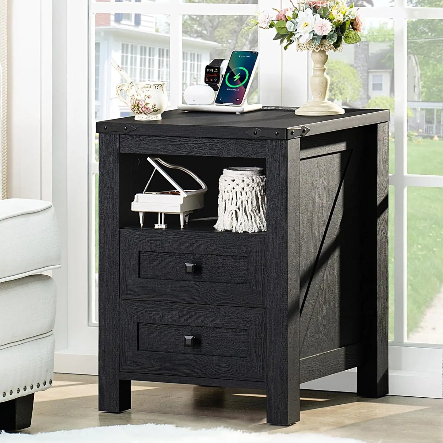 Farmhouse Nightstand With USB Charging Station Two-Drawer Open Shelf