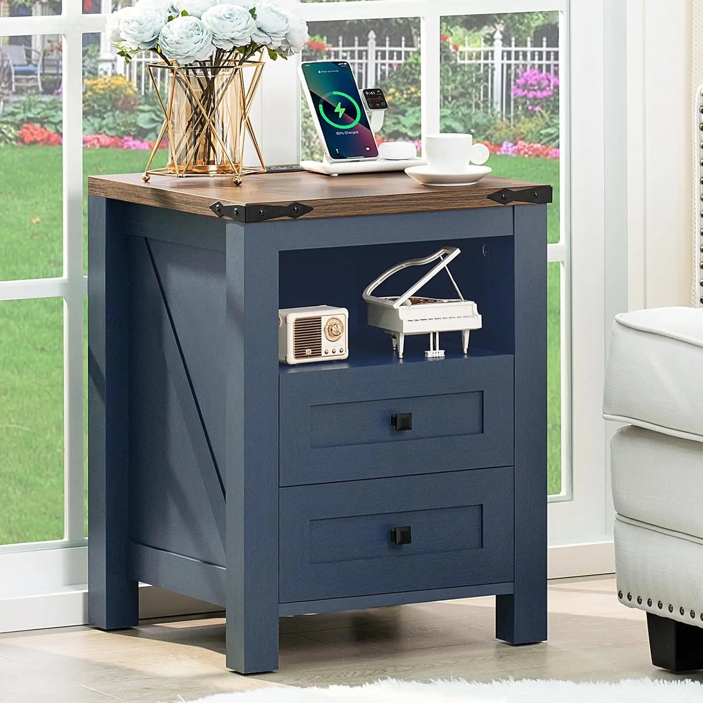 Farmhouse Nightstand With USB Charging Station Two-Drawer Open Shelf