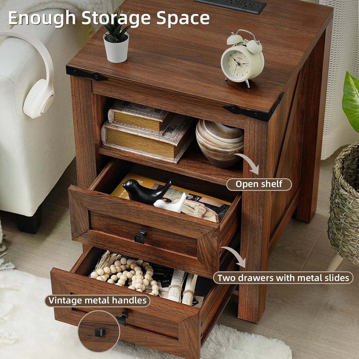 Farmhouse Nightstand With USB Charging Station Two-Drawer Open Shelf