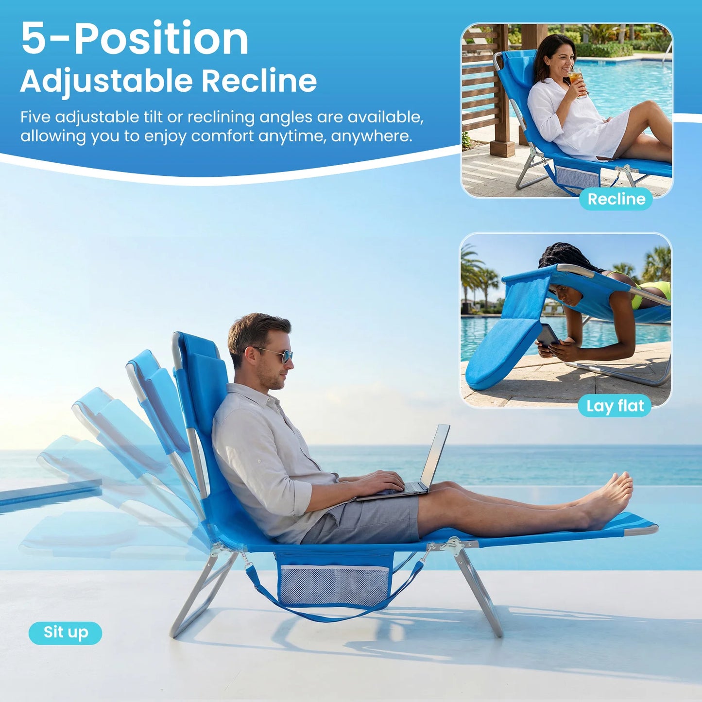JHK 5-Position Adjustable Recline Beach Lounge Chair With Face Arm Holes