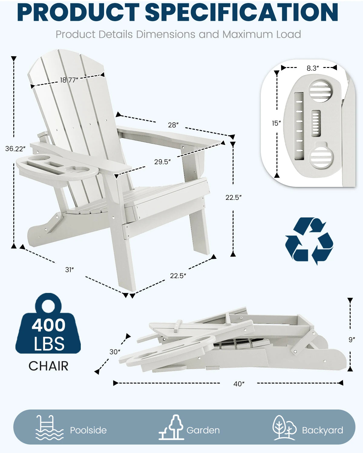 Foowin Folding Adirondack Chair Weather Resistant HDPE Cup Holder Outdoor