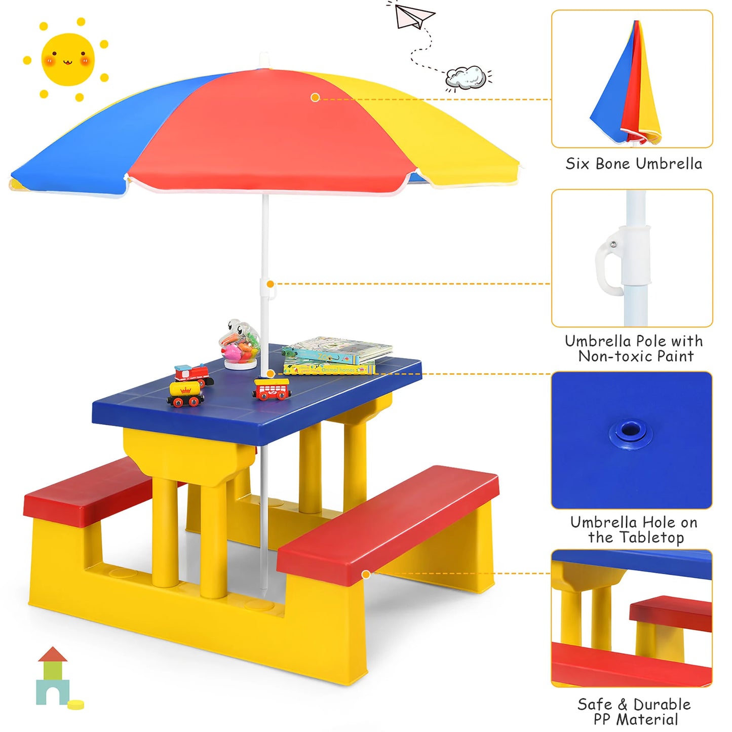 HOMASIS Kids Picnic Table Set With Removable Umbrella For Indoor Outdoor Play