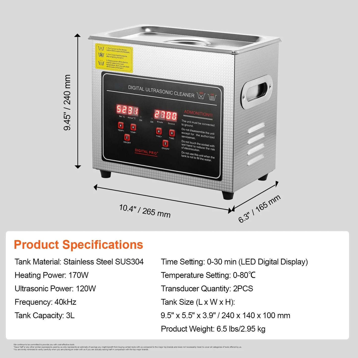 SucceBuy Ultrasonic Cleaner Stainless Steel Portable Home Appliance