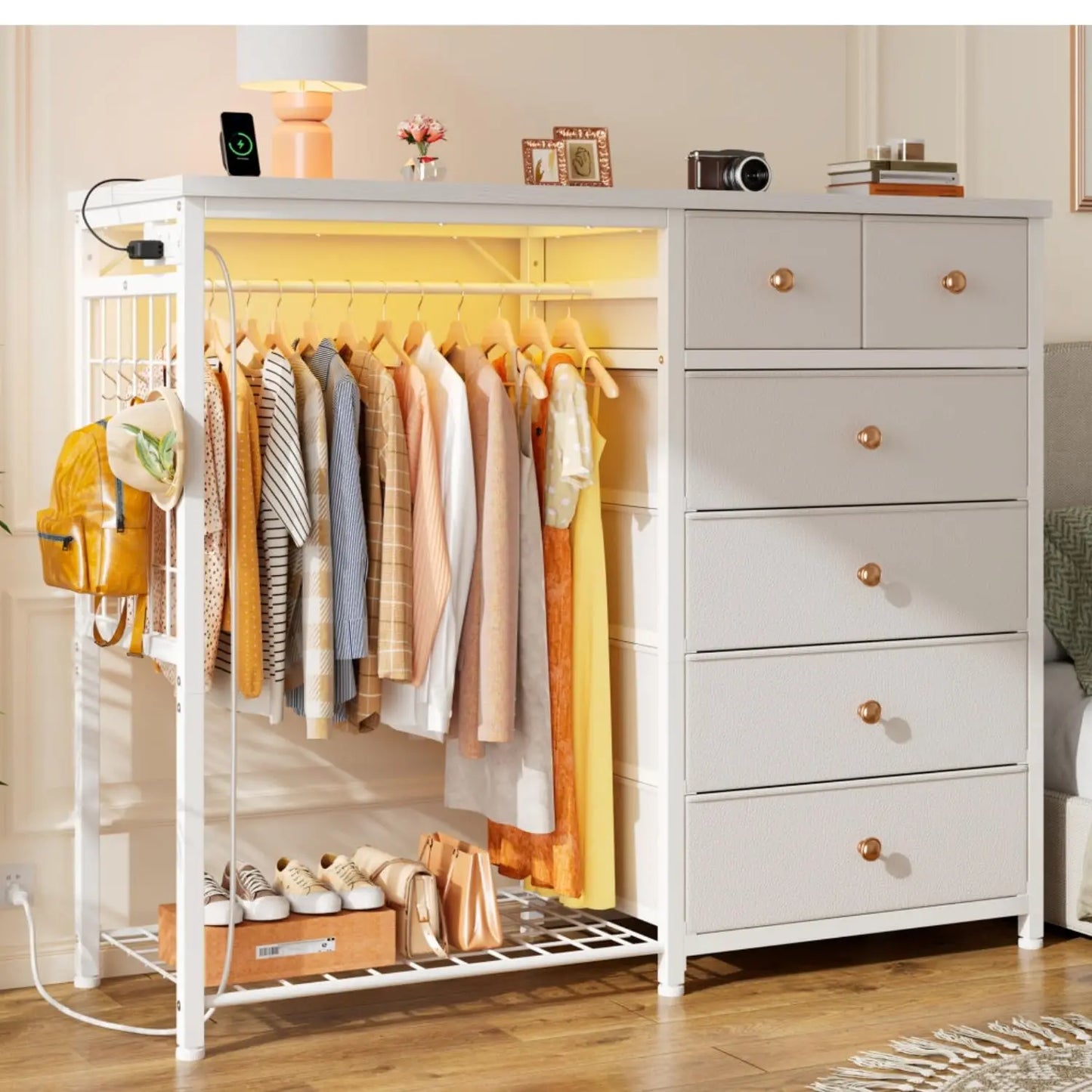 Modern Dresser With Hanging Rack And LED Lights Charging Station