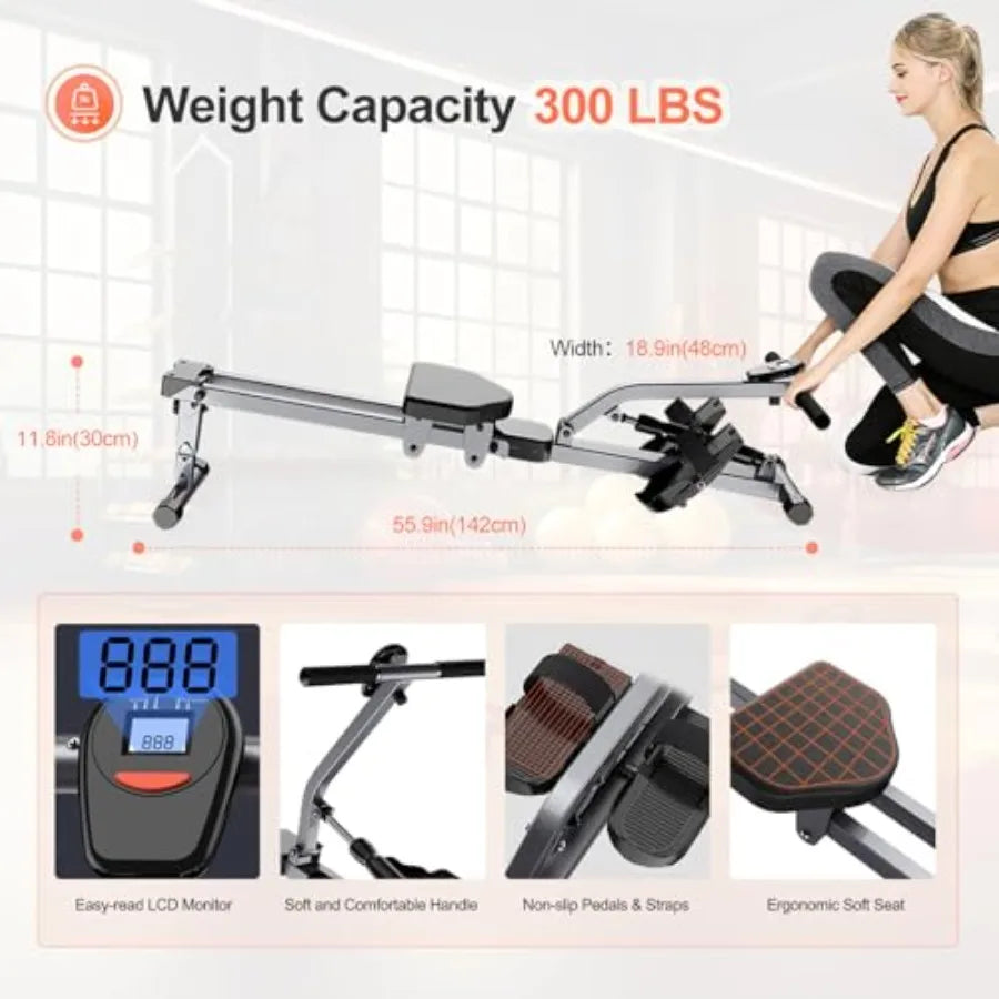 Home Folding Rowing MachineHydraulic Rowing Machine Dual Tracks for Quieter 300LBS Weight Capacity with 12 Levels of Adjustable