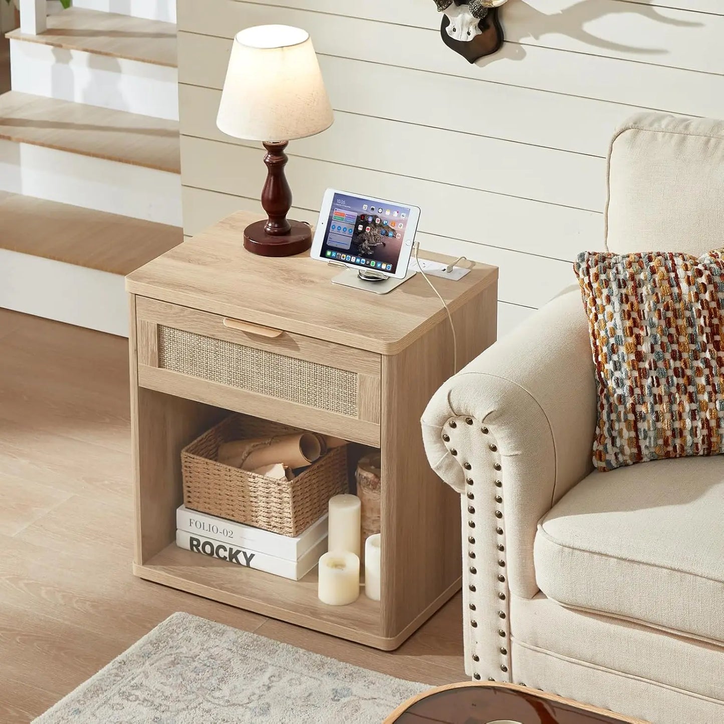 Rattan Nightstands Set of 2 with Charging Station, 23" Wide Boho Night Stand with Drawer, Natural Wood Bedside, Customized