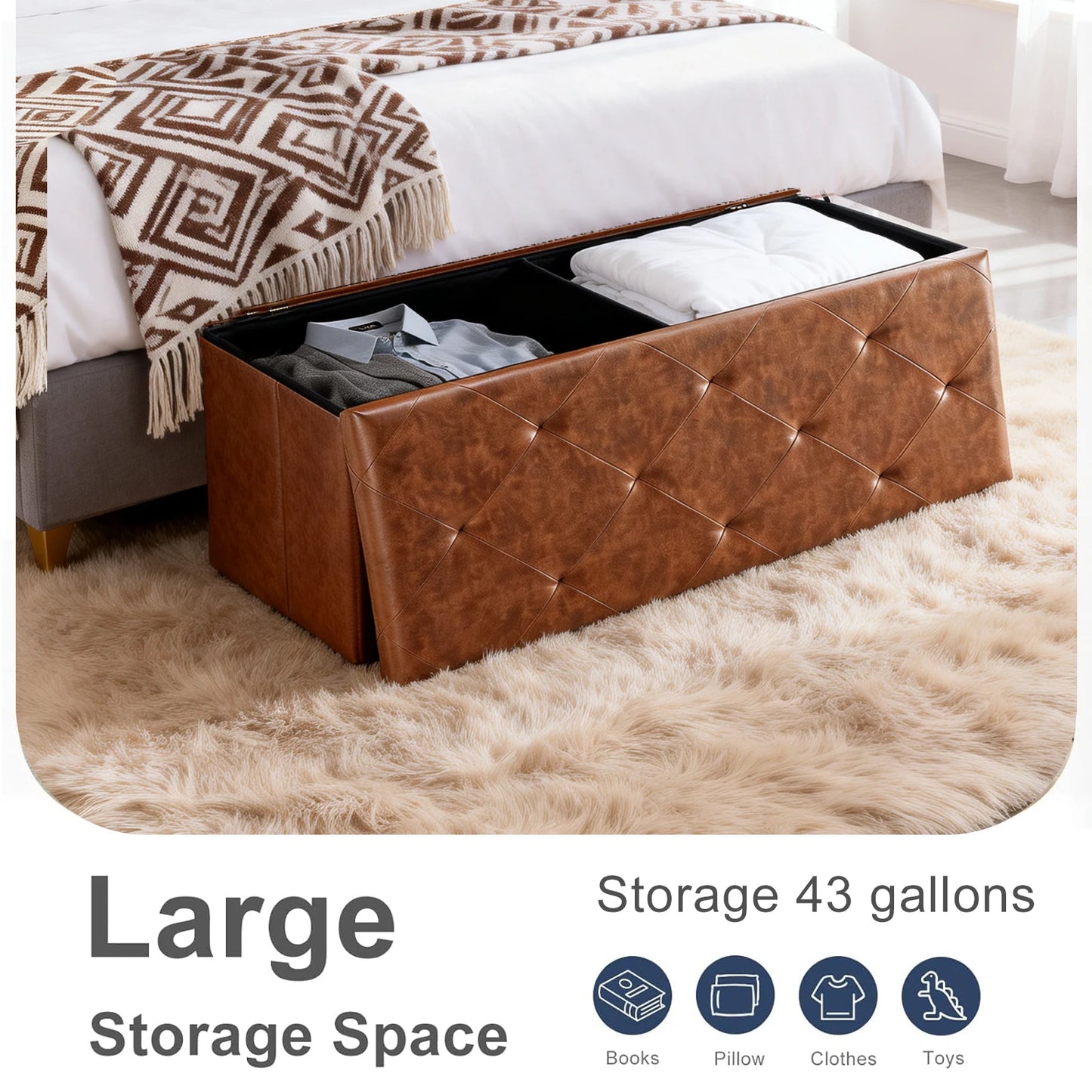 Faux Leather Storage Bench Tufted With Folding Lid 400Lb Capacity