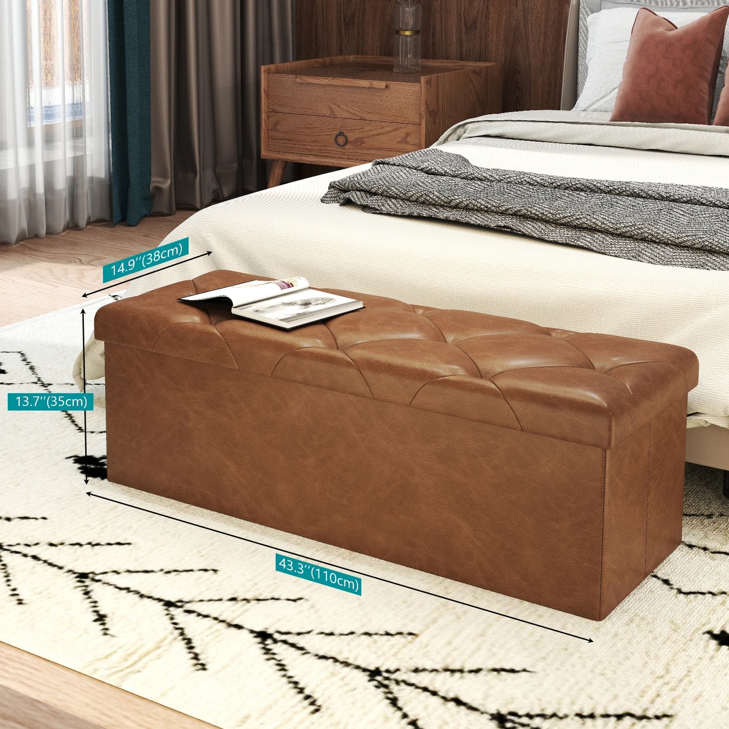 Faux Leather Storage Bench Tufted With Folding Lid 400Lb Capacity