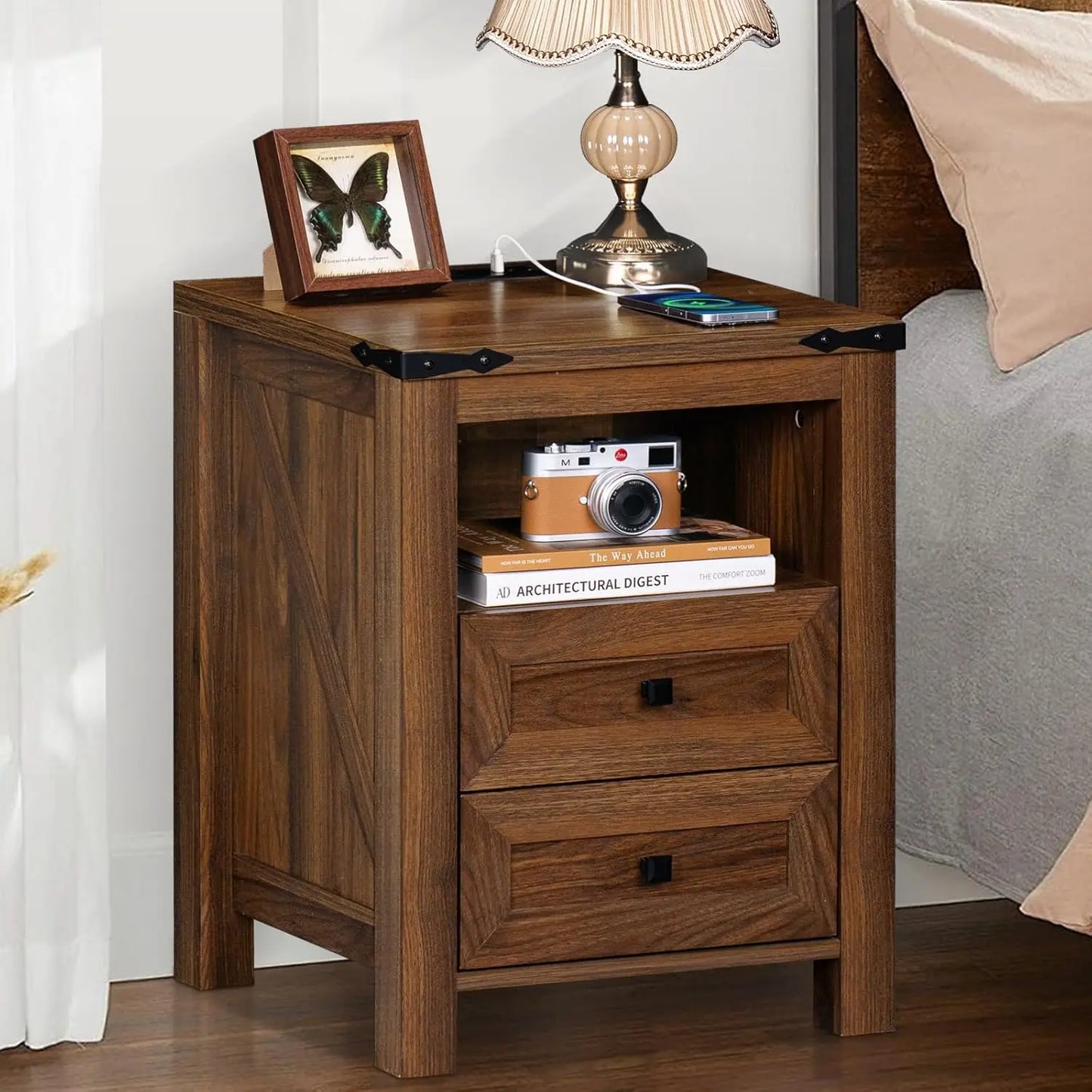 Farmhouse Nightstand With USB Charging Station Two-Drawer Open Shelf