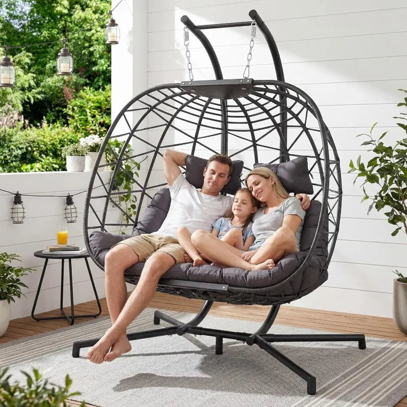 Two Person Patio Hanging Egg Chair With Stand And Cushion