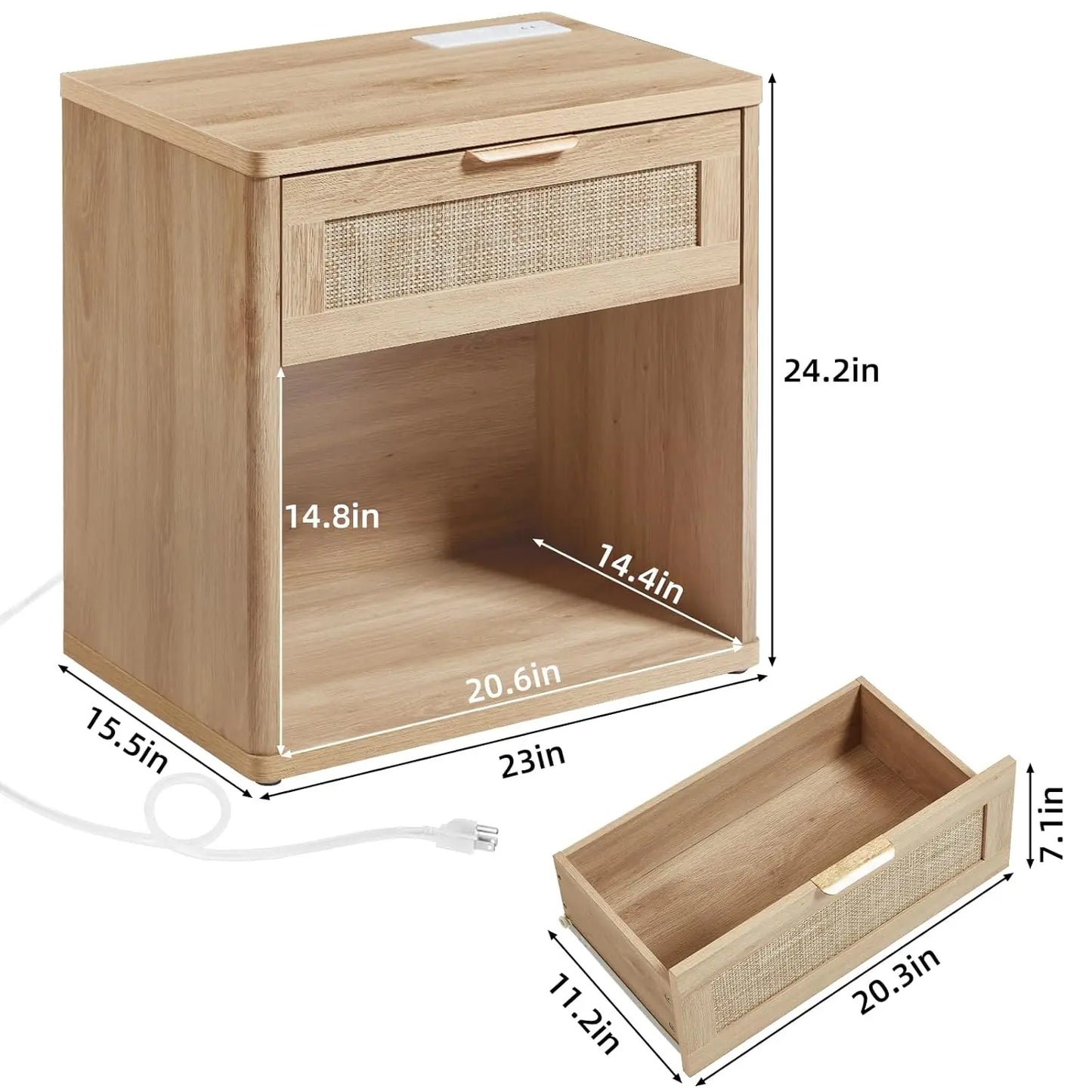 Rattan Nightstands Set of 2 with Charging Station, 23" Wide Boho Night Stand with Drawer, Natural Wood Bedside, Customized
