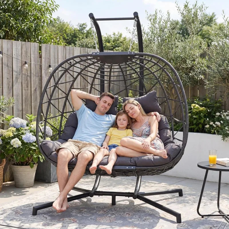 Two Person Patio Hanging Egg Chair With Stand And Cushion