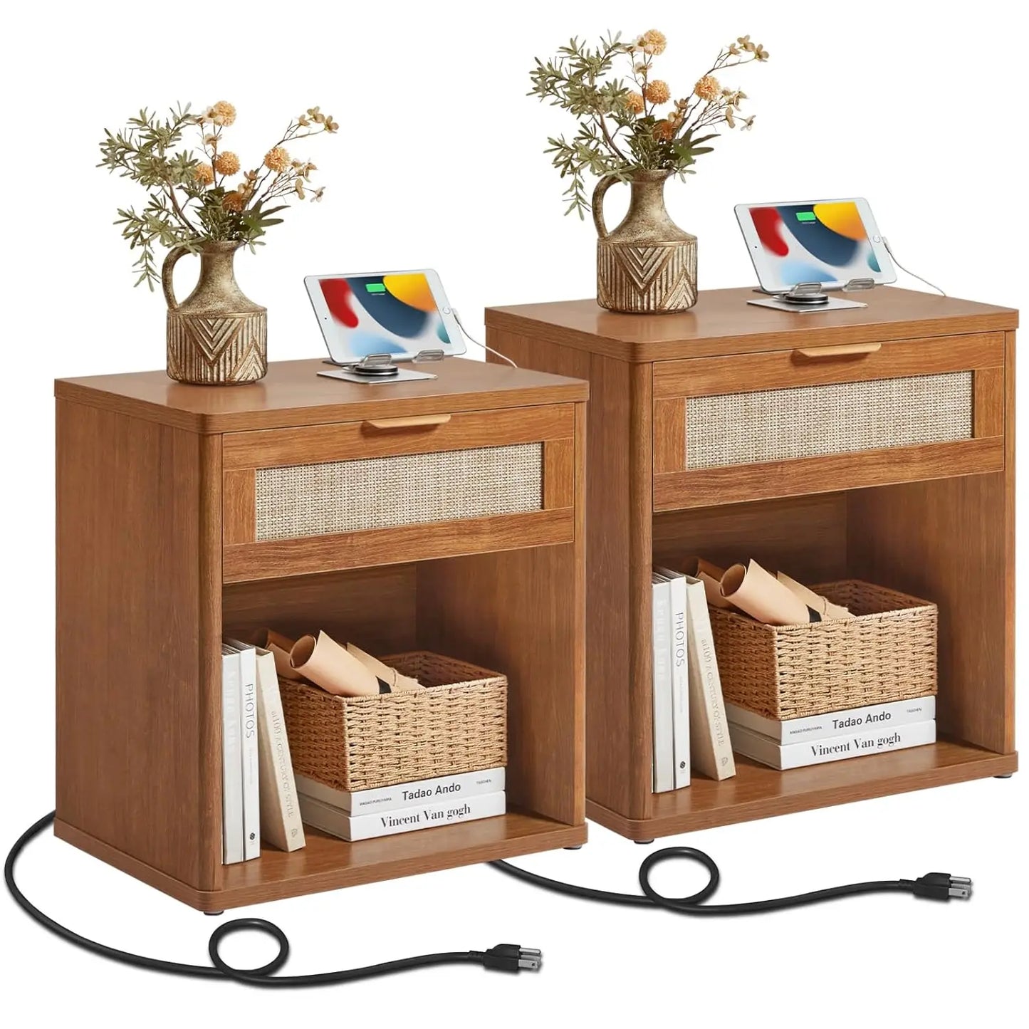 Rattan Nightstands Set of 2 with Charging Station, 23" Wide Boho Night Stand with Drawer, Natural Wood Bedside, Customized