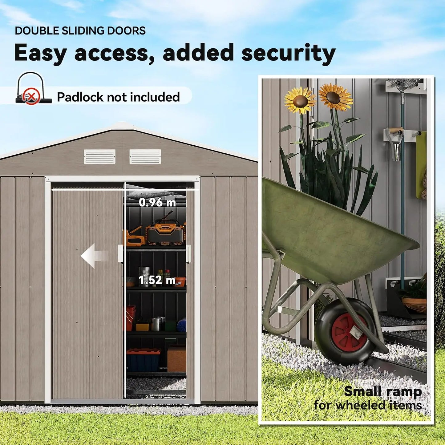 Metal Outdoor Storage Shed With Double Doors And Sloped Roof