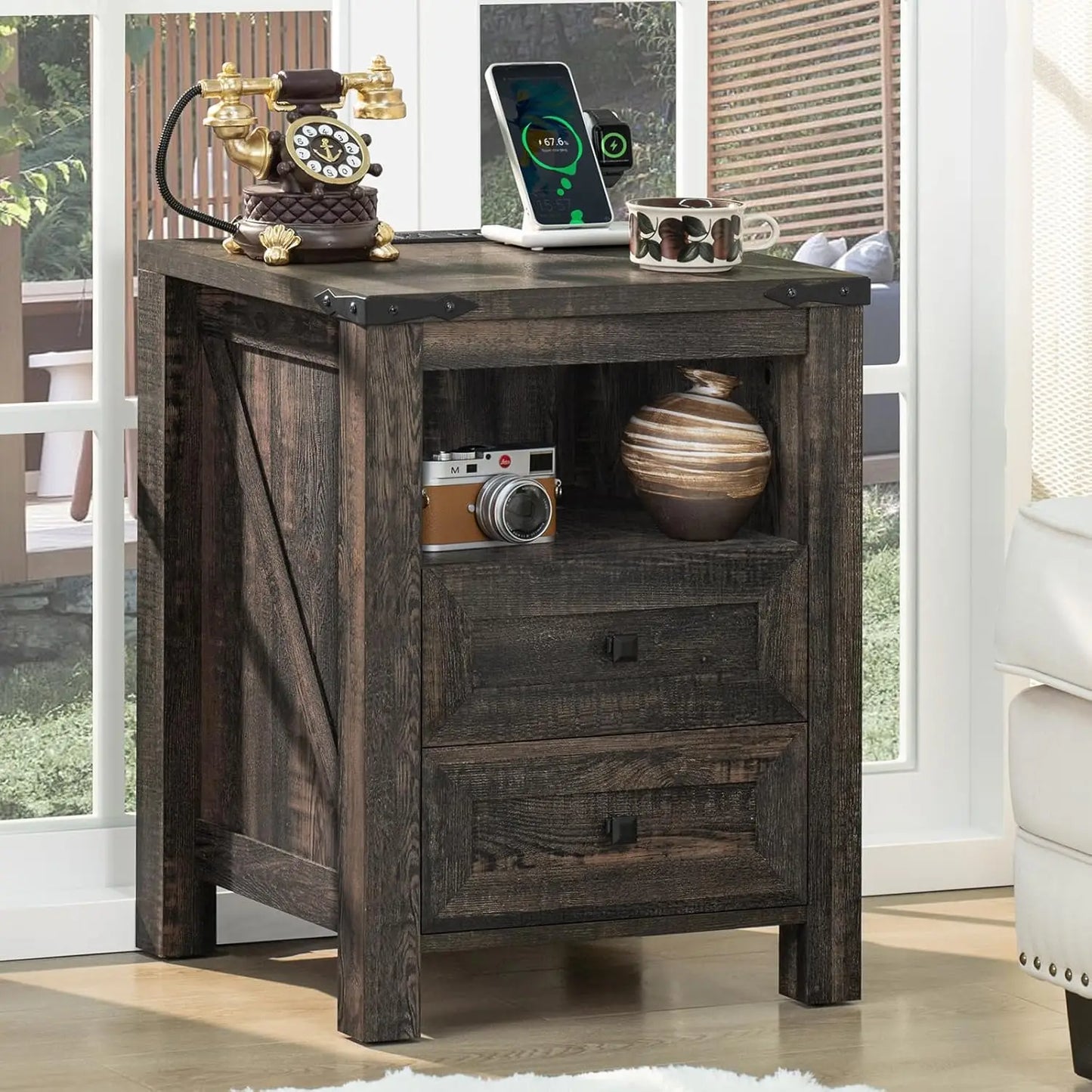 Farmhouse Nightstand With USB Charging Station Two-Drawer Open Shelf