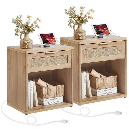 Rattan Nightstands Set of 2 with Charging Station, 23" Wide Boho Night Stand with Drawer, Natural Wood Bedside, Customized