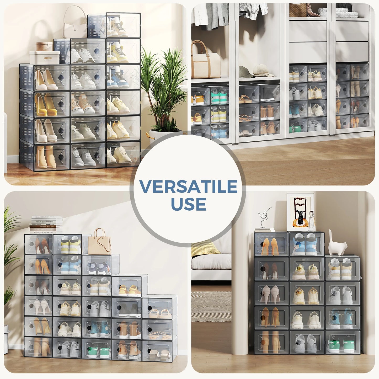 JHK 12 15 Pack Plastic Stackable Shoe Organizer With Lids