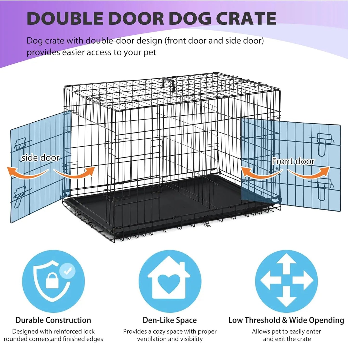 Foldable Dog Crate with Double Doors, Secure Latches, Leakproof Tray