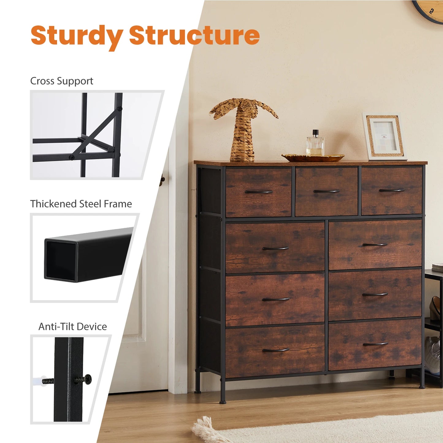 JHK Dresser With 9 Fabric Storage Drawers Bedroom Wardrobe