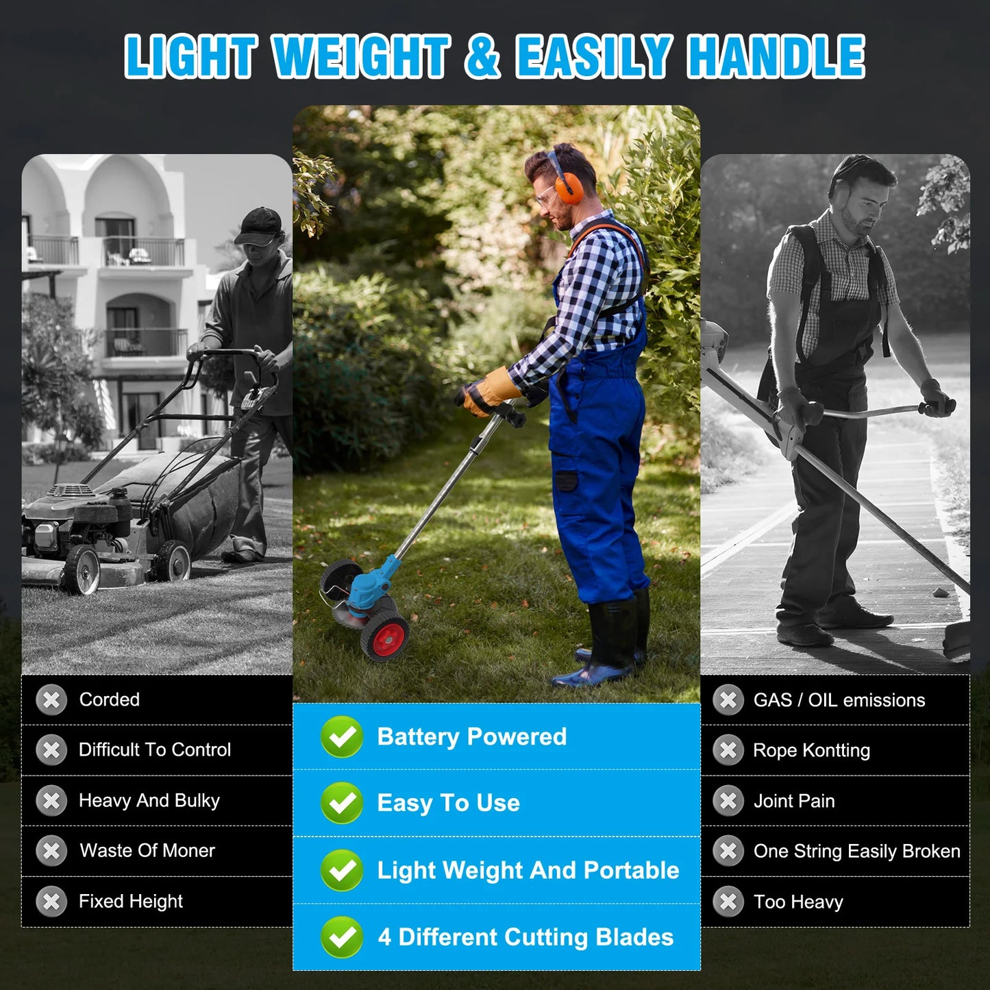 21V Cordless 3-In-1 Lawn Mower Trimmer Edger With 2x2.0Ah Batteries