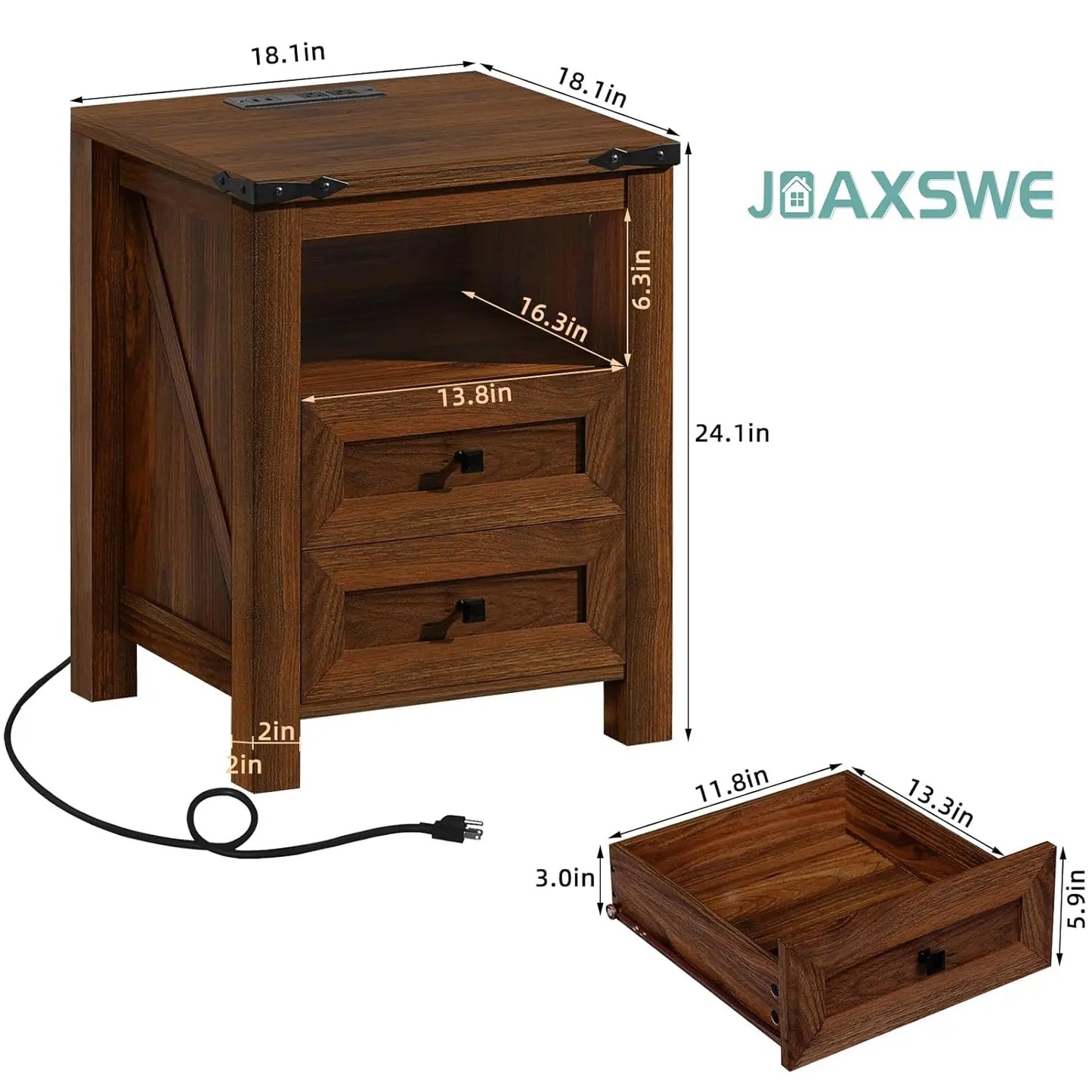Farmhouse Nightstand With USB Charging Station Two-Drawer Open Shelf