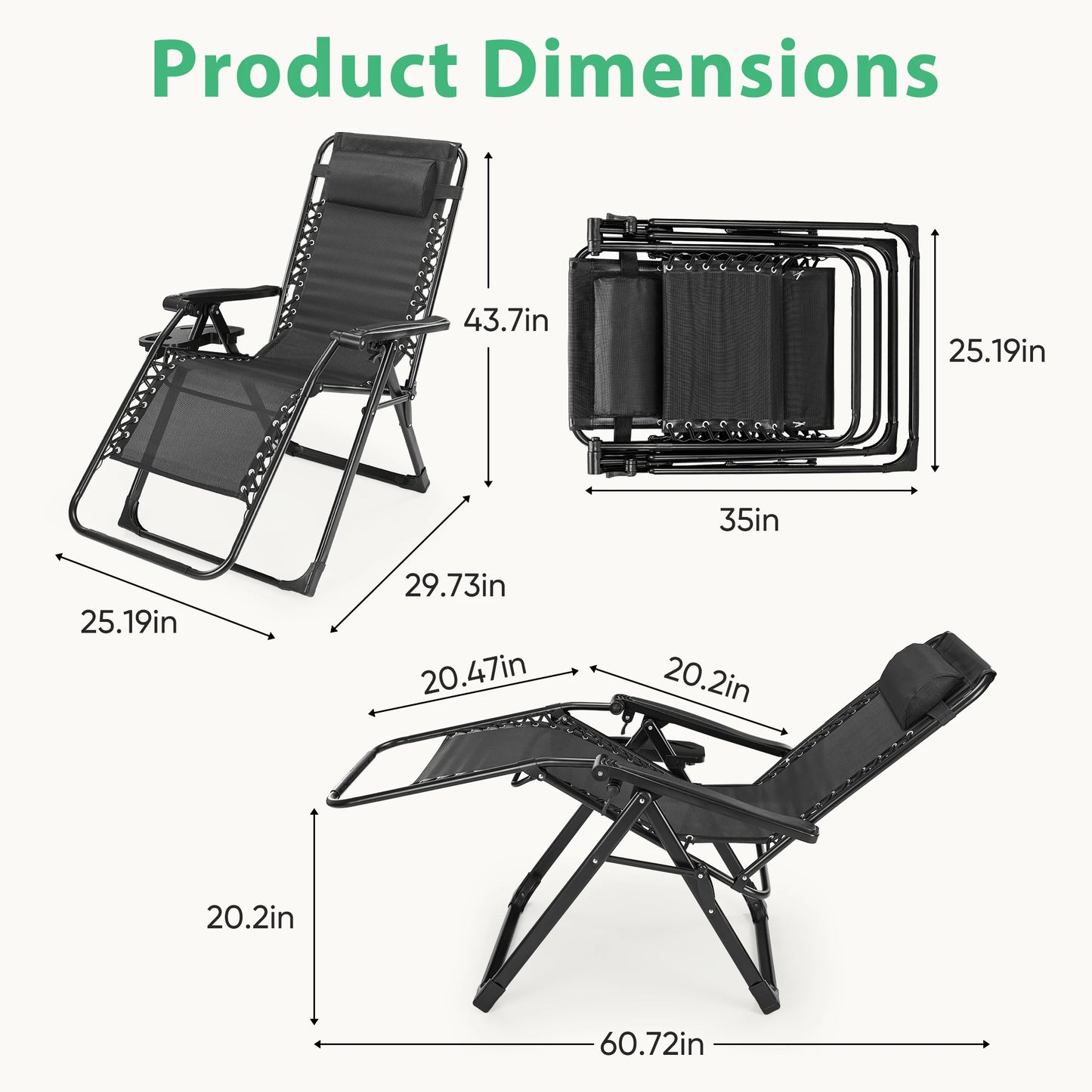 JHK Zero Gravity Recliner Lounge Chair Folding Portable With Cup Holder Trays