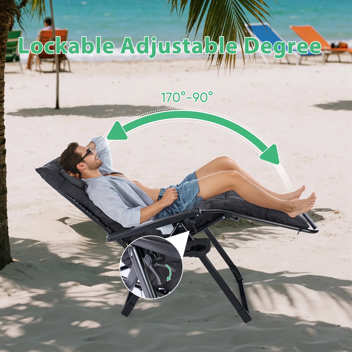 JHK Zero Gravity Recliner Lounge Chair Folding Portable With Cup Holder Trays