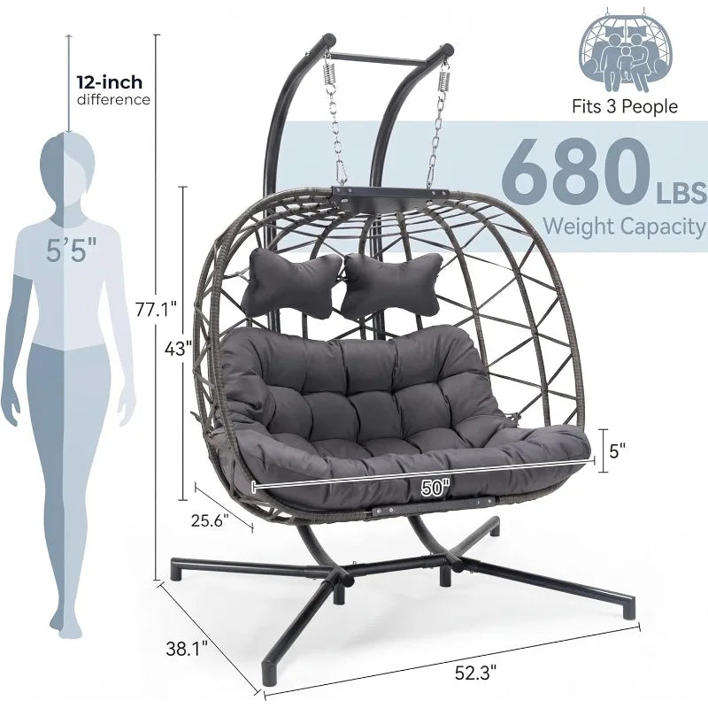 Two Person Patio Hanging Egg Chair With Stand And Cushion