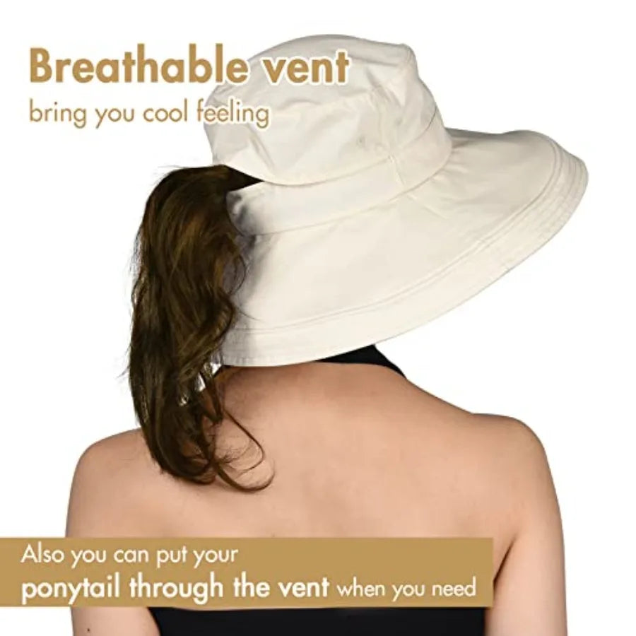 Women Sun Hat Wide Brim Ponytail Gardening Beach Breathable Cotton