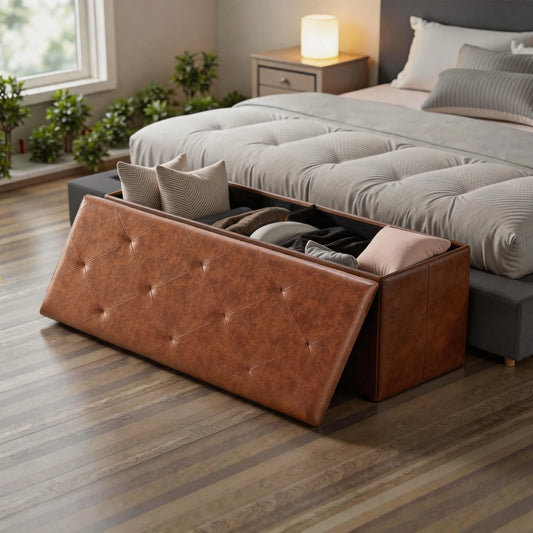 Faux Leather Storage Bench Tufted With Folding Lid 400Lb Capacity