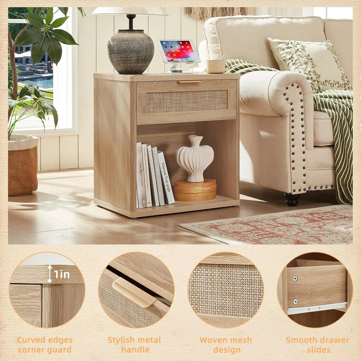 Rattan Nightstands Set of 2 with Charging Station, 23" Wide Boho Night Stand with Drawer, Natural Wood Bedside, Customized