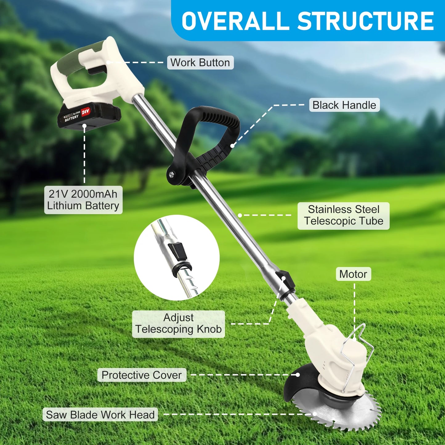 21V Cordless Grass Trimmer 3in1 Edger Mower With 2x2Ah Batteries Charger