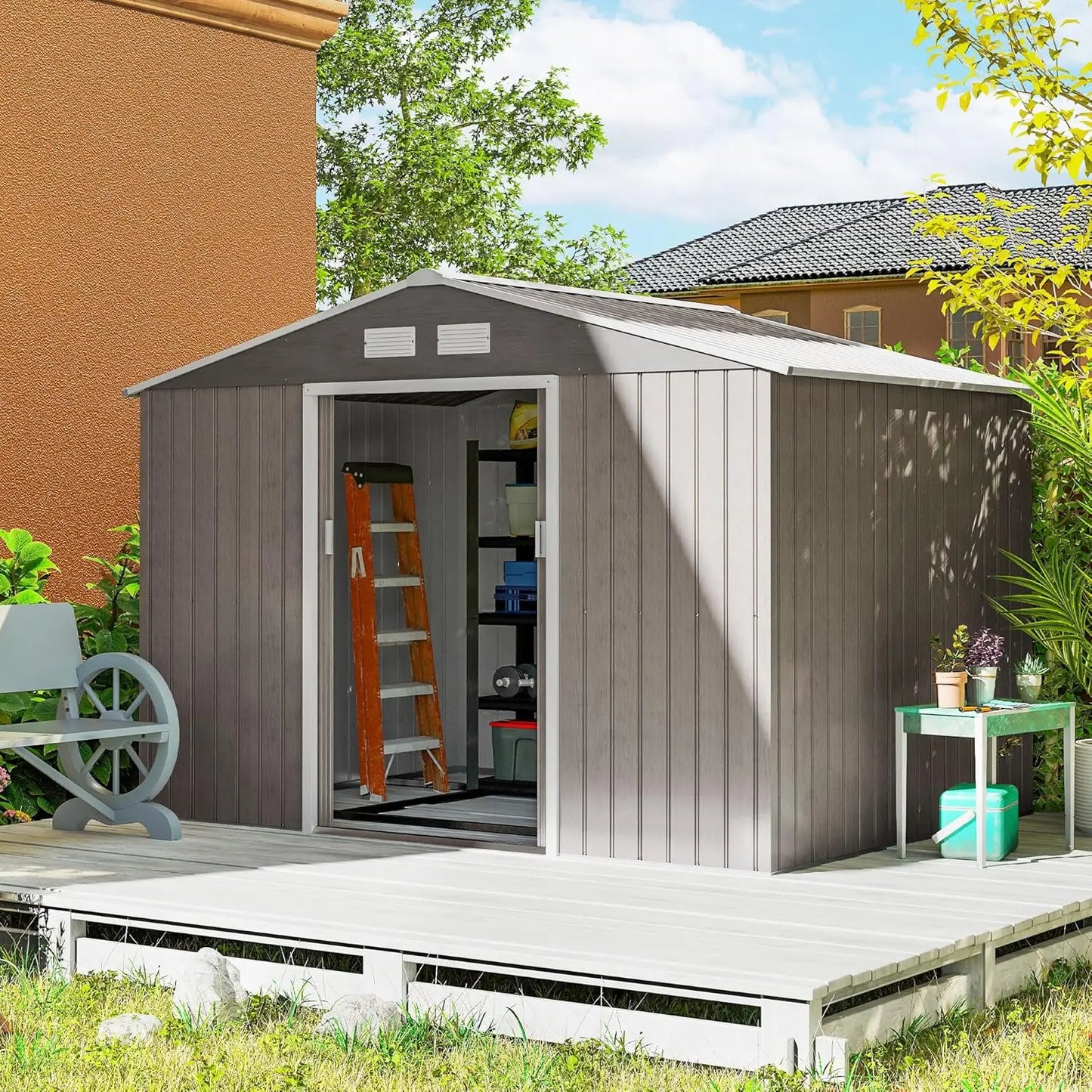 Metal Outdoor Storage Shed With Double Doors And Sloped Roof