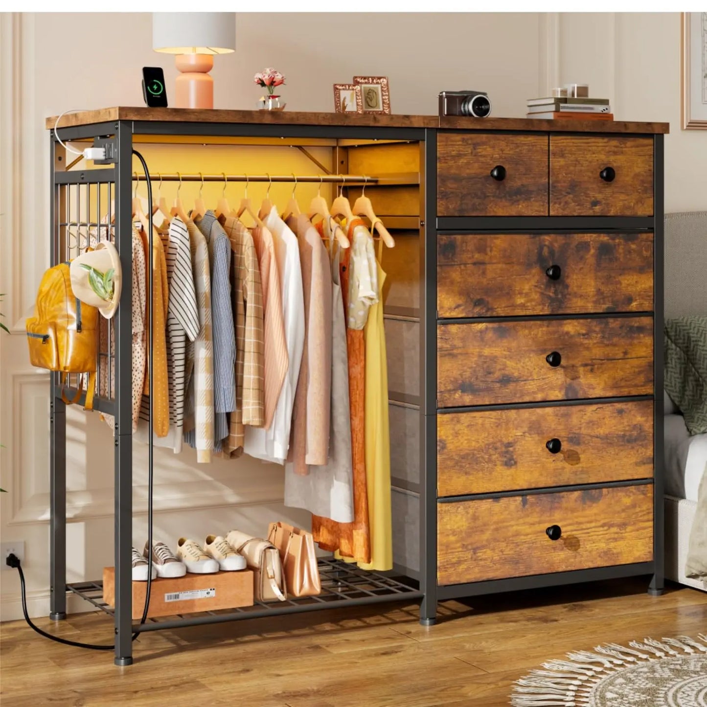 Modern Dresser With Hanging Rack And LED Lights Charging Station