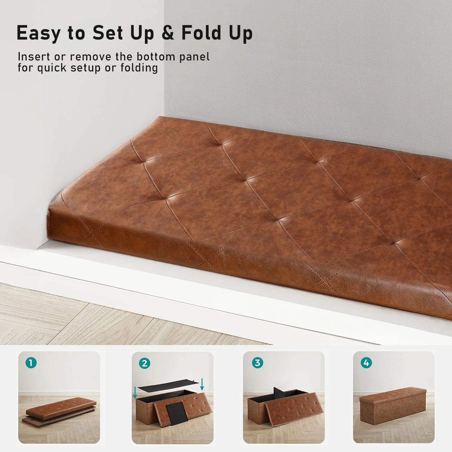 Faux Leather Storage Bench Tufted With Folding Lid 400Lb Capacity