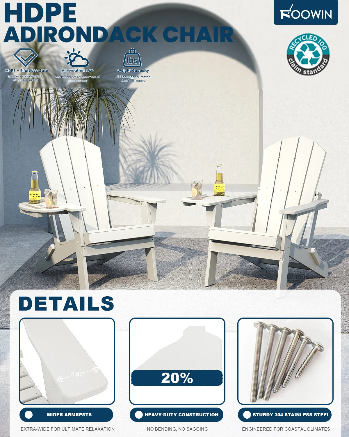 Foowin Folding Adirondack Chair Weather Resistant HDPE Cup Holder Outdoor