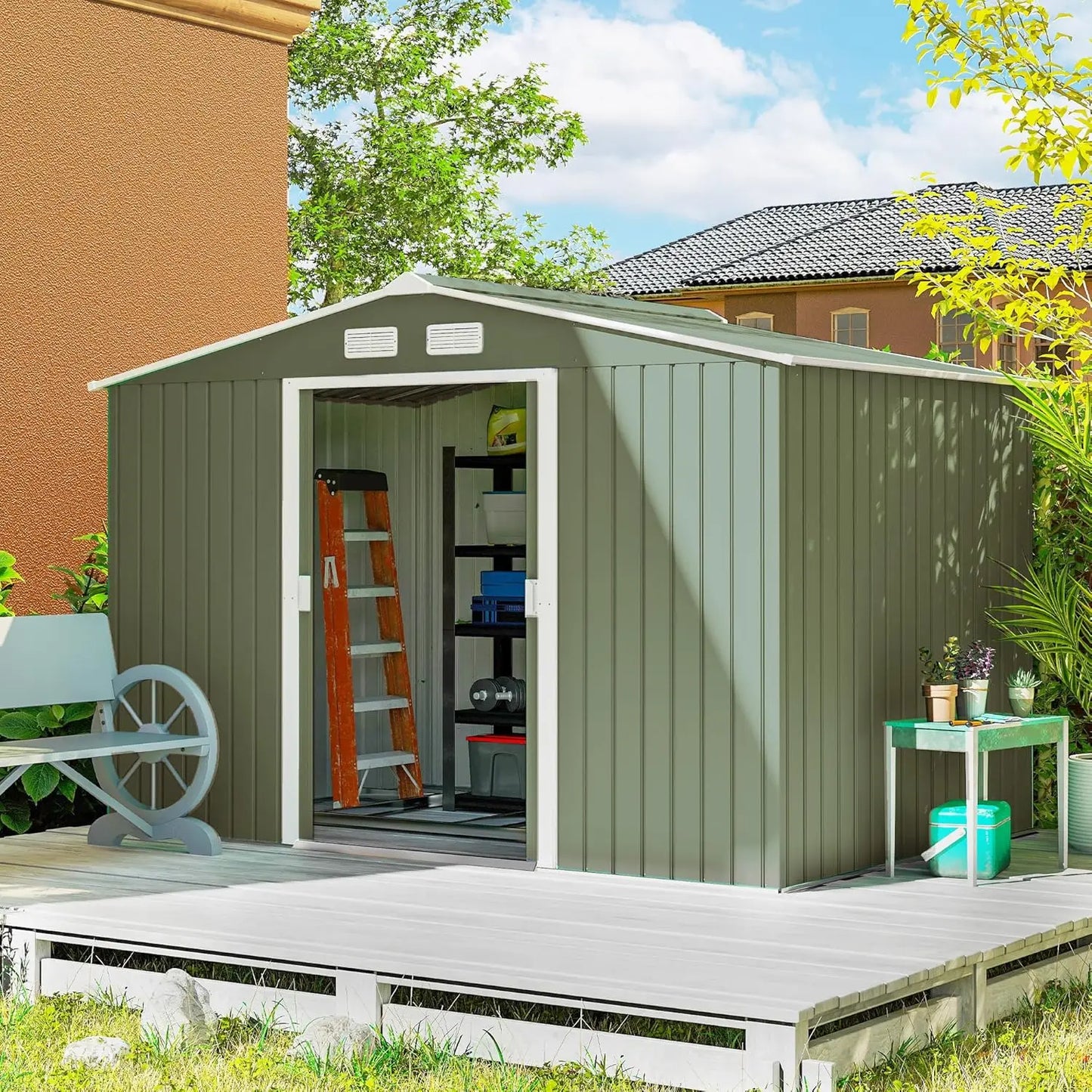 Metal Outdoor Storage Shed With Double Doors And Sloped Roof